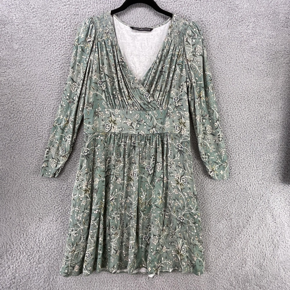 Peruvian Connection Layla Dress Womens L Green Faux Wrap Neck Puff Sleeve Smock‎